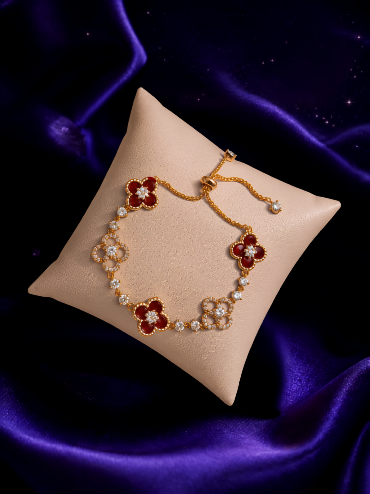 1pc Elegant Rhinestone Inlaid Four-Leaf Clover Adjustable Bracelet - Red and Gold